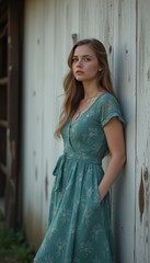 Fototapeta premium Elegant woman in a teal floral dress leaning against a rustic wooden wall with a serene expression