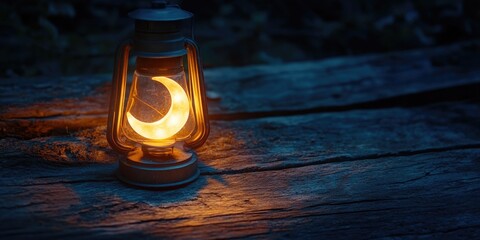 Hand-held lantern with lit candle, glowing in the quiet of night. Ambiance of a serene outdoor setting.