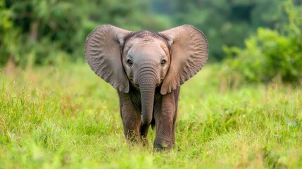 Obraz premium Baby elephant walks in grassy savanna