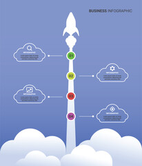 minimalist infographic template with a rocket flying above the clouds and icons for your business, white color design and smooth blue background with four steps