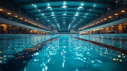 Fototapeta premium Indoor swimming pool at night, illuminated by bright lights, showing lanes and starting blocks.