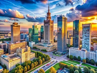 Naklejka premium Warsaw, Poland - Panoramic view of Warsaw downtown skyscrapers in Srodmiescie district.