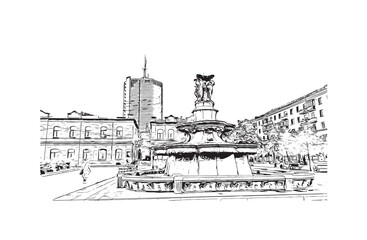 Building view with landmark of Chelyabinsk Russia. Hand drawn sketch illustration in vector.
