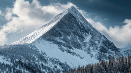 Obraz premium A majestic mountain peak rising above a winter-covered landscape. Scenic view with snow and evergreen trees on the slopes.