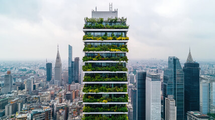 Obraz premium modern high rise building adorned with vertical gardens, showcasing urban greenery, Global Warming and Climate Crisis Themed