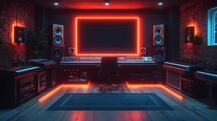 Obraz premium Modern music studio with neon lights, mixing console, speakers, and keyboards.