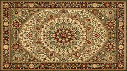 Intricate geometric patterns on a vintage-inspired traditional rug with circular motifs and ornate designs , intricate design, traditional rug