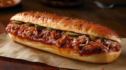 Delicious Pulled Pork Sandwich with Pickles and BBQ Sauce