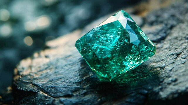 Close-up view of two vibrant green emerald gems resting on a dark gray stone.  The emeralds are square-cut and exhibit brilliant facets. Dramatic lighting