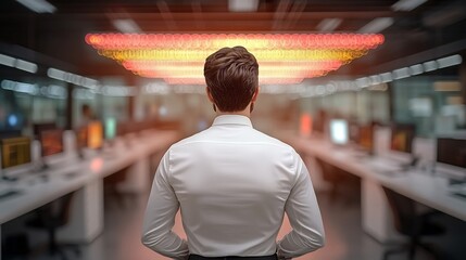 Professional observing digital data flow in a modern office space with illuminated screens