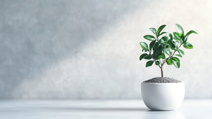 A white ceramic pot with green leaves growing on it, on the right side of an empty background. 