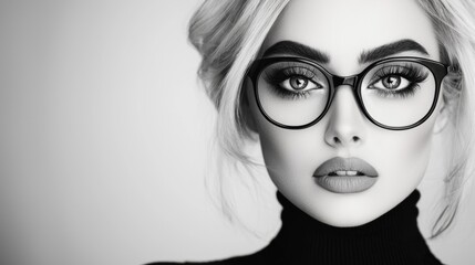  a woman wearing glasses and a black turtle neck sweater against a white background The image is in black and white, giving it a timeless and classic look