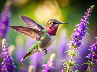 Fototapeta premium A Calypte anna hummingbird in flight, gracefully sipping nectar from Salvia leucantha, a stunning wildlife moment.