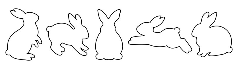 Black outlines of bunnies. Editable Stroke. Easter bunny silhouettes. Set of silhouettes of rabbits in different poses. Traditional holiday symbol