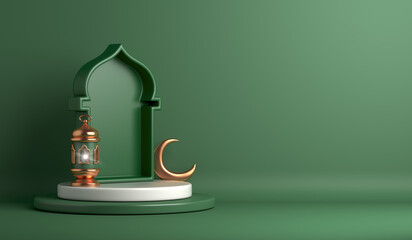 Islamic display podium with mosque window lantern crescent on green background, Ramadan Kareem eid al fitr adha, muharram, 3D illustration.