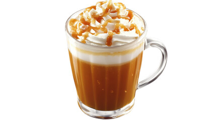 Caramel latte with whipped cream and caramel drizzle on transparent background