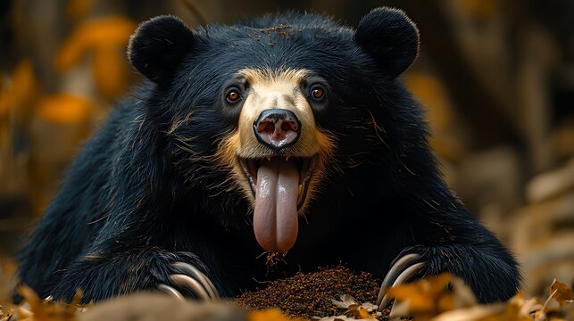Close-up of a playful Asian black bear with its tongue out, surrounded by autumn leaves.