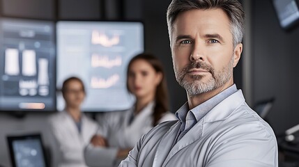 Professional medical team in a high-tech lab, analyzing data and collaborating on research