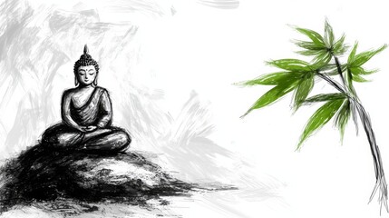  a black and white drawing of a Buddha sitting on top of a rock next to a bamboo tree The Buddha is depicted in a meditative pose, with its hands in a mudra positio