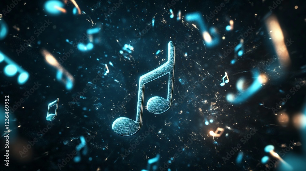 Aufkleber Many luminous music notes are floating in a dark digital space, creating a beautiful and abstract representation of music, sound, and melody