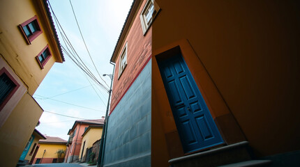 Obraz premium Low angle perspective shot of an old architecture house with a blue door, showcasing a distinct split composition with bold areas