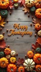 A beautiful display of vibrant pumpkins and colorful autumn leaves frames the words Happy Thanksgiving on a rustic wooden background. This inviting scene captures the essence of the fall season