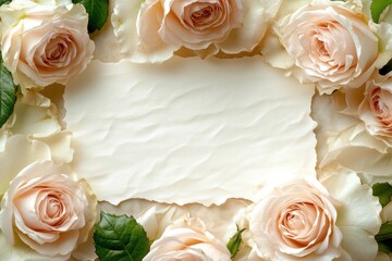 Elegant Cream Roses Surrounding Blank Paper Invitation or Card