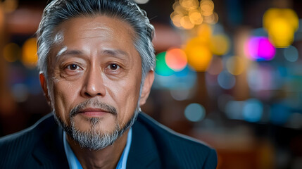 Obraz premium Serious Asian man portrait, city lights background, professional headshot