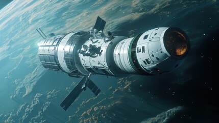 Futuristic Spacecraft Orbiting Earth in a Vast Cosmic Environment