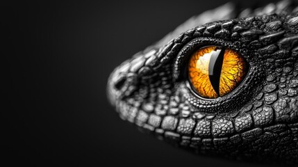 Fototapeta premium a close up of a black dragon's eye with yellow iris, set against a black background