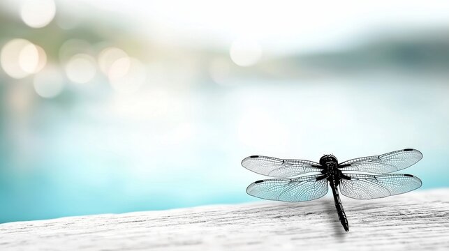 a black and white dragonfly sitting atop a wooden table, with a blurred background
