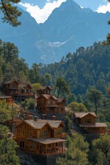 Scenic mountain village showcasing wooden cabins surrounded by lush forest at dawn