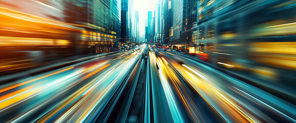 A dynamic long exposure shot of busy city streets with bright light trails from moving traffic, reflecting the fast-paced urban lifestyle and modern city energy.