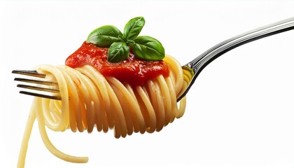 isolated spaghetti with tomato sauce on a fork