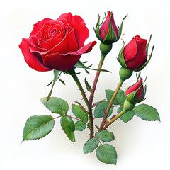 Obraz premium vibrant red rose with three buds and green leaves, symbolizing love and beauty