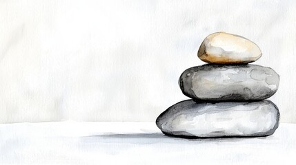  a watercolor painting of a stack of rocks on top of each other, with a white background The rocks are painted in shades of grey and white, creating a peaceful and