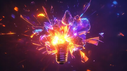 The captivating moment when an electric bulb bursts, with glowing fragments and a radiant explosion of purple, yellow, and blue light against a void of darkness.