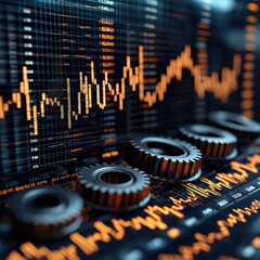 Gears turning with stock market data graph in background, ideal for financial concepts