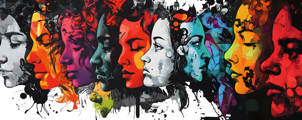 Obraz premium Abstract background with faces collage black and white and colour elements, psychology, stress wallpaper illustration theme
