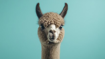 Obraz premium A llama looking at the camera, in a white studio with a light green background. It has long fur and a curious expression.