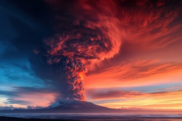 Majestic Eruption of a Volcanic Mountain at Dusk with Dramatic Cloud Formation and Colors