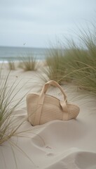 Straw beach bag nestled among dune grass on sandy beach with ocean horizon in soft daylight