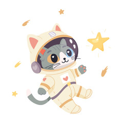 Space illustration. Space cat in helmet and spacesuit . Vector simple illustration