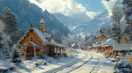 Fototapeta premium Snowy mountain village with train tracks and quaint houses.