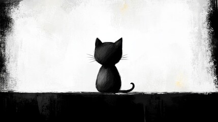  a black cat sitting on top of a window sill, with a white background The cat is painted in a realistic style, with its fur and features clearly visible Its eyes a