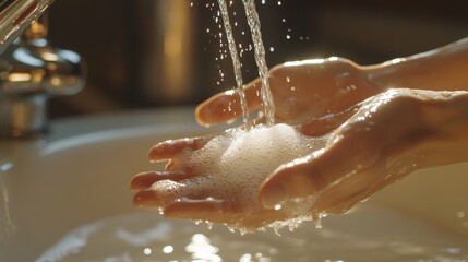 Fototapeta premium washing Hands Under Flowing Water with Soap Bubbles in a Sink