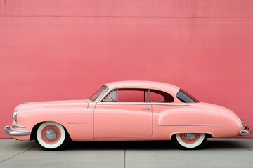 Classic Pink Vintage Car in Front of a Soft Pink Wall with Retro Aesthetic Appeal