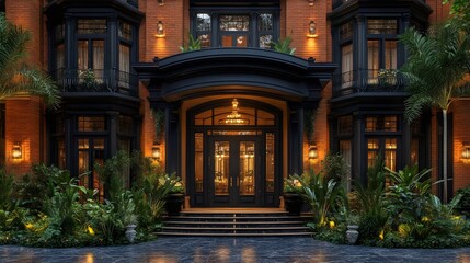 A large brick house with a black front door and windows