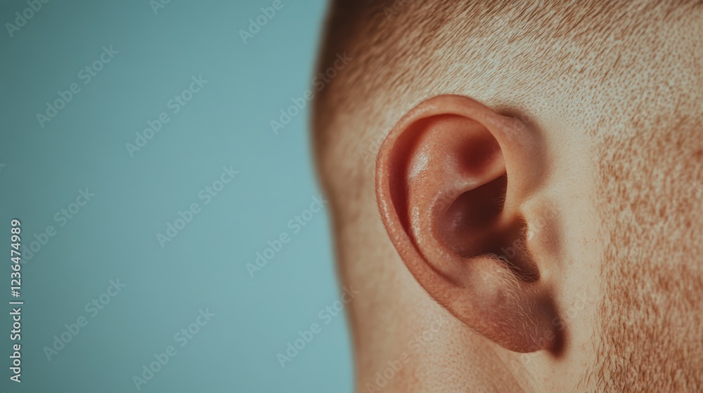 Poster Detailed image of a man's ear highlighting the intricate structure and emphasizing the importance of hearing health and auditory perception in a minimalist style against a light blue background