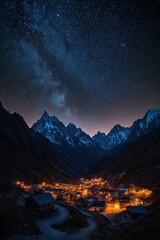 Starlit village nestled in mountains with shimmering lights at night